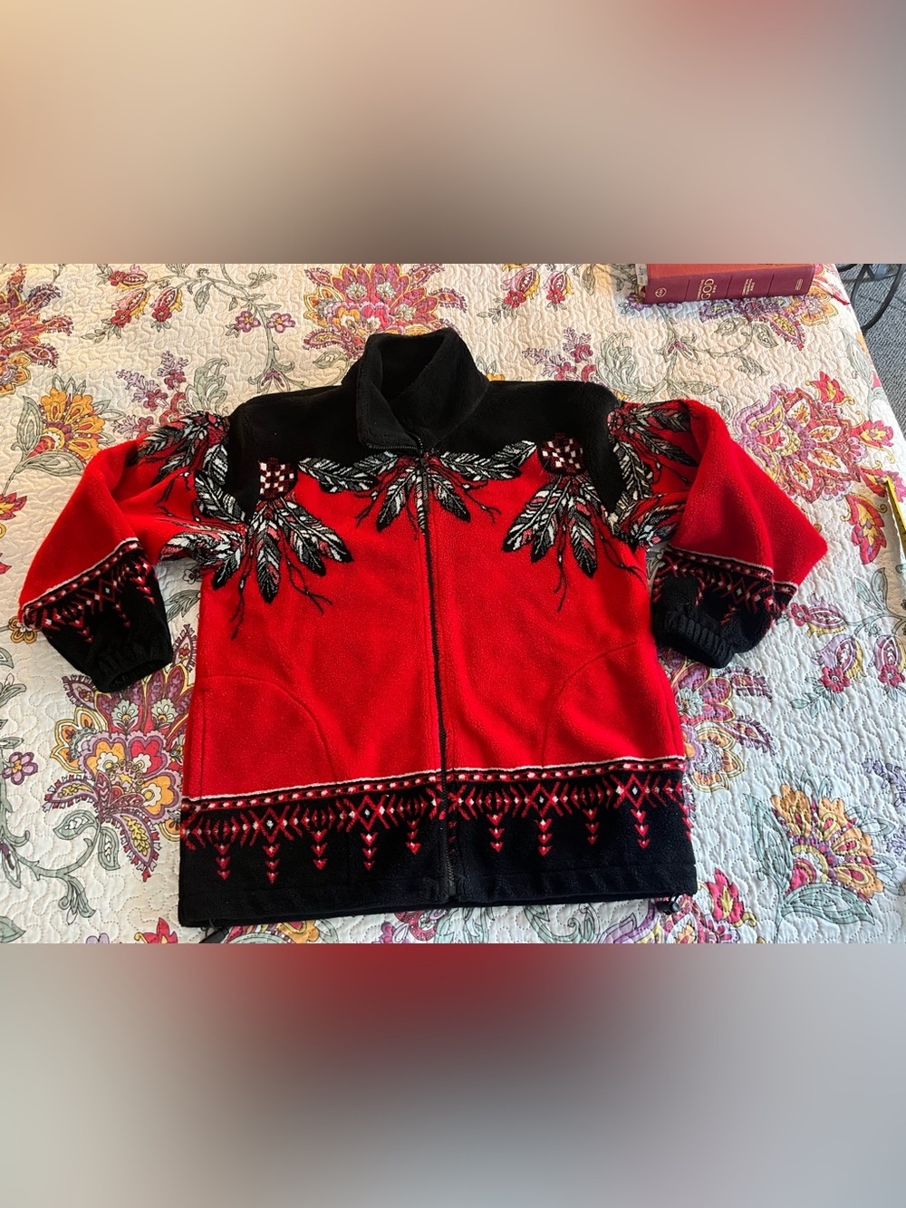 Vintage Coastlines Fleece Jacket Southwestern Tribal Full Zip Black Red S/P